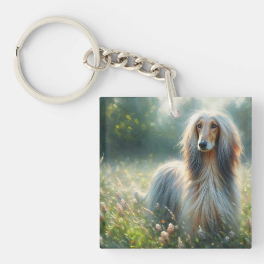 Afghan Hound In Floral Meadow Art キーホルダー (正面)