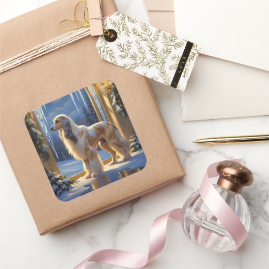 Afghan Hound With Christmas Lights Holiday スクエアシール (ギフト)