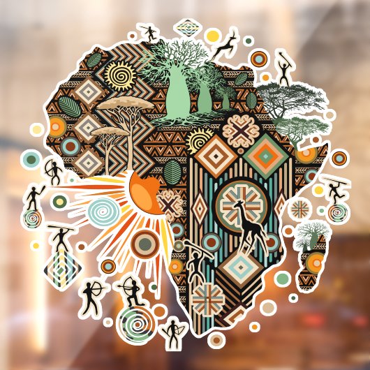 Africa Map Decorative Tribal Elements Pattern ウィンドウサイン (シート2)