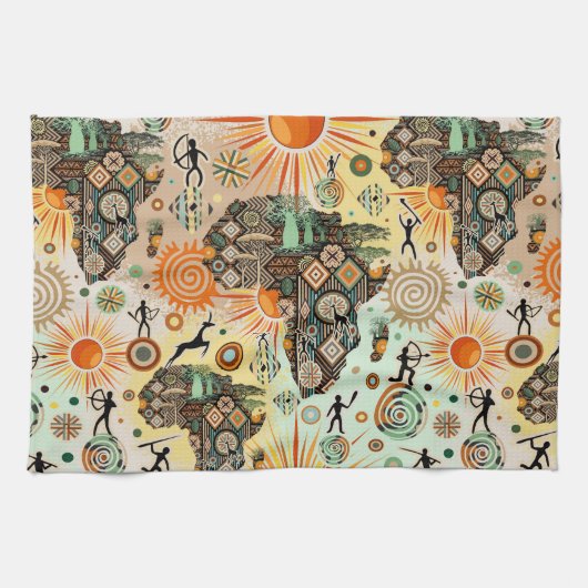 Africa Map Decorative Tribal Elements Pattern キッチンタオル (横)