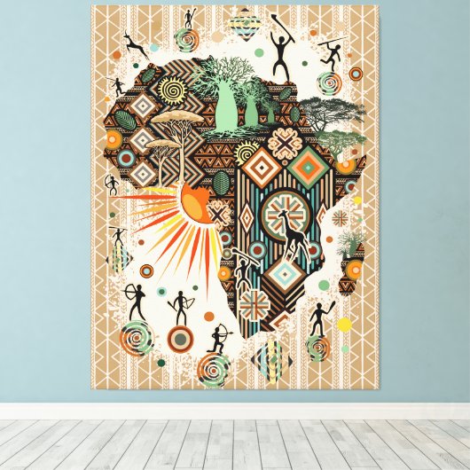 Africa Map Decorative Tribal Elements Pattern キャンバスプリント (インサイチュ (ウッドフロア))