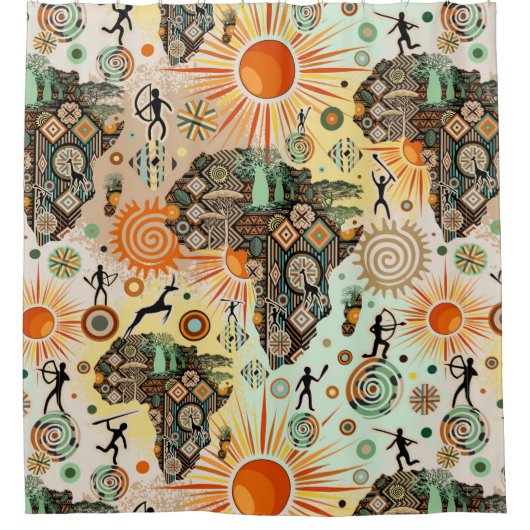 Africa Map Decorative Tribal Elements Pattern シャワーカーテン (正面)