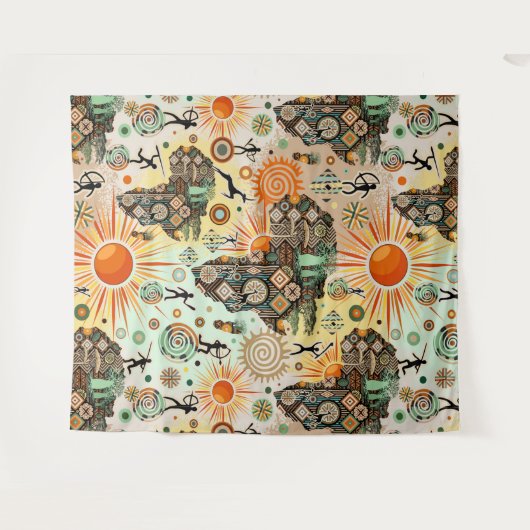 Africa Map Decorative Tribal Elements Pattern タペストリー (正面(横))