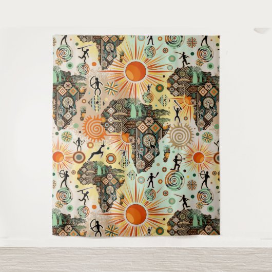 Africa Map Decorative Tribal Elements Pattern タペストリー (正面)