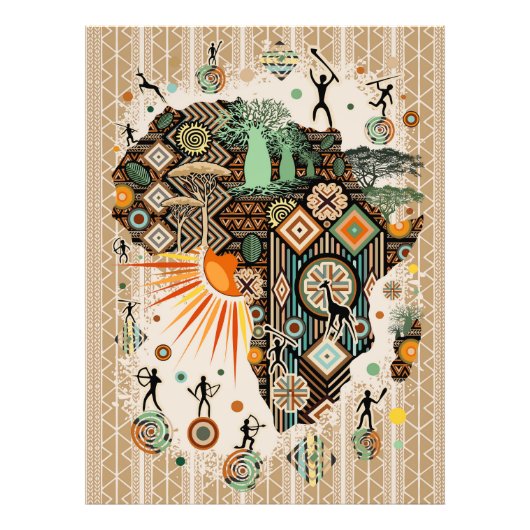 Africa Map Decorative Tribal Elements Pattern フォトプリント (正面)