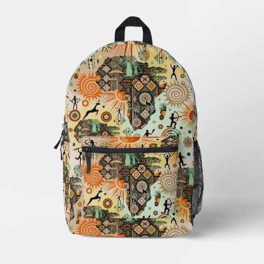 Africa Map Decorative Tribal Elements Pattern プリントバックパック (正面)