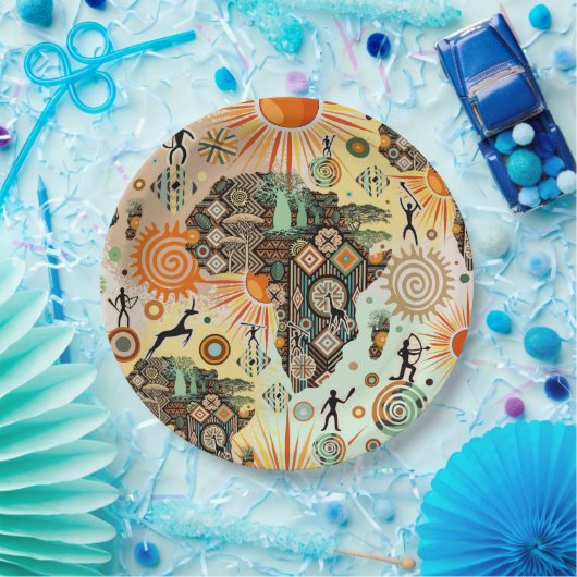 Africa Map Decorative Tribal Elements Pattern ペーパープレート (パーティー)
