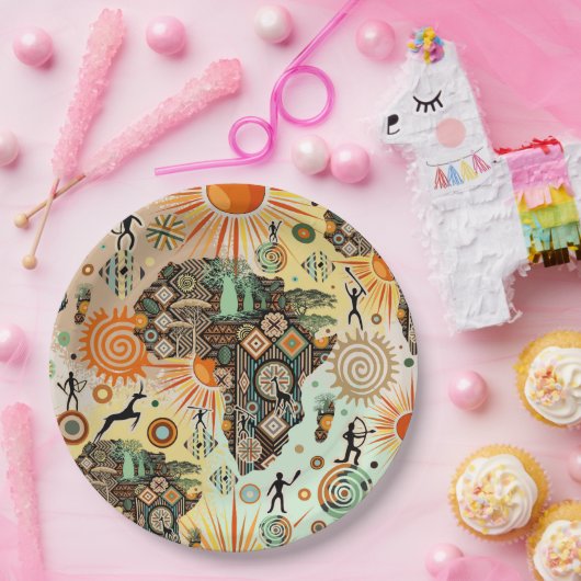 Africa Map Decorative Tribal Elements Pattern ペーパープレート (パーティー)
