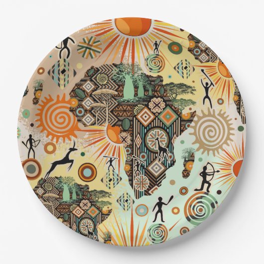 Africa Map Decorative Tribal Elements Pattern ペーパープレート (正面)