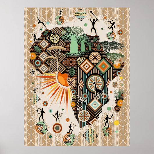 Africa Map Decorative Tribal Elements Pattern ポスター (正面)