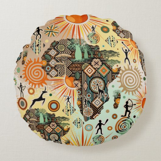 Africa Map Decorative Tribal Elements Pattern ラウンドクッション (正面)