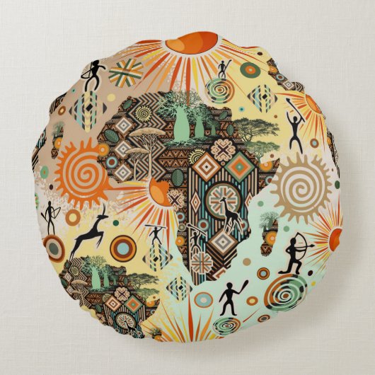 Africa Map Decorative Tribal Elements Pattern ラウンドクッション (裏面)