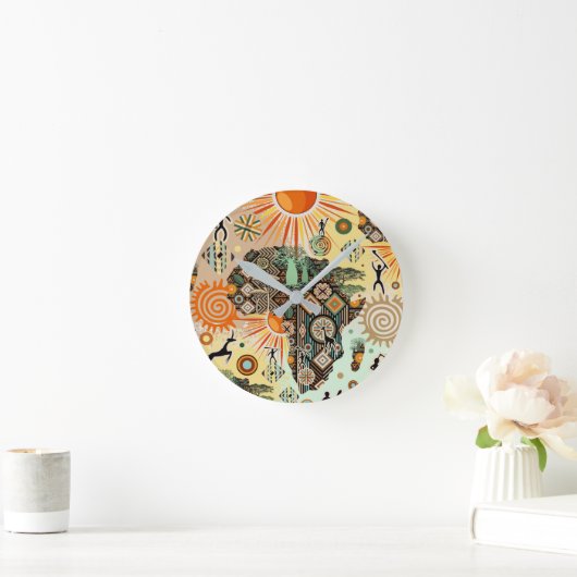 Africa Map Decorative Tribal Elements Pattern ラウンド壁時計 (ホーム)