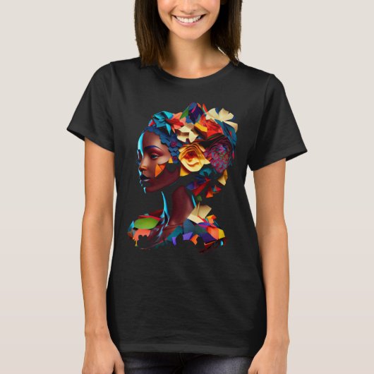 African Abstract Beautiful Origami Black Queen Flo Tシャツ (正面)