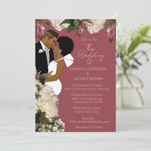 African American Bride & Groom Dusty Rose Wedding 招待状 (スタンド正面)