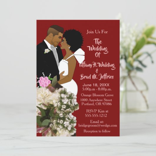 African American Bride & Groom White Wedding  招待状 (スタンド正面)