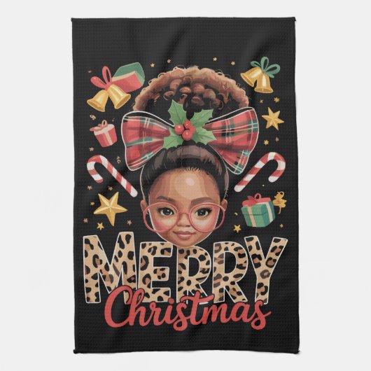 African American Christmas Messy Bun Black Mom キッチンタオル (縦)