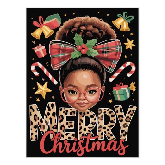 African American Christmas Messy Bun Black Mom  フォトプリント (正面)