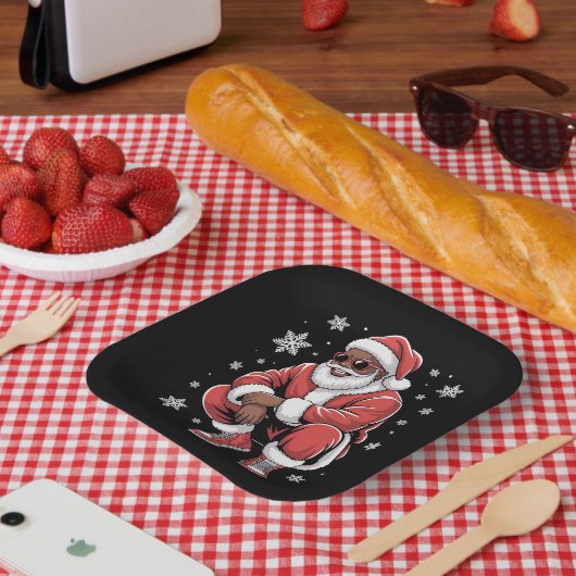 African American Christmas Pajama Xmas Afro Santa  ペーパープレート (ピクニック)