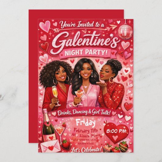 African American Galentine's Night Friends Party 招待状 (正面/裏面)