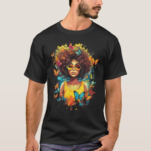 African American Woman Black Girl With Butterflies Tシャツ (正面)