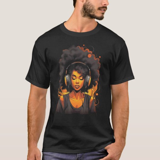 African American Woman Black Girl With Headphones  Tシャツ (正面)