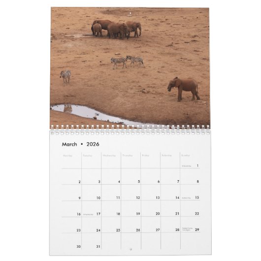 African Animals 2026 Calendar カレンダー (3月 2026)