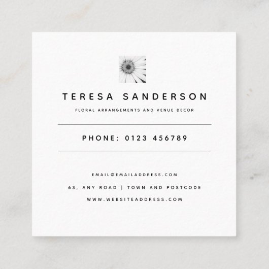 African Daisy Monochrome Floral Square Business Ca スクエア名刺 (裏面)
