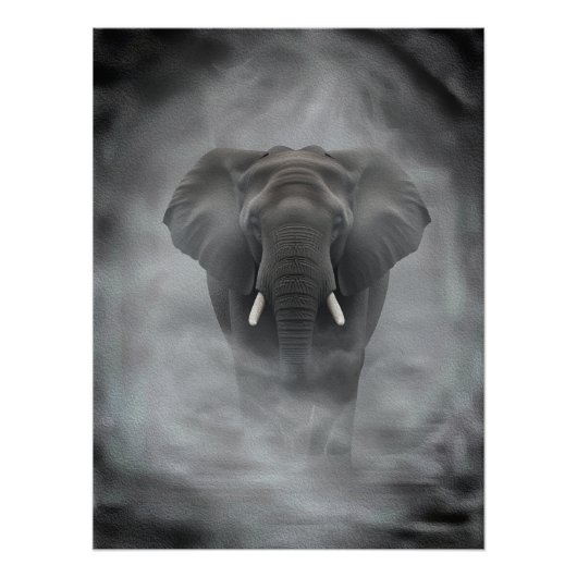 African Elephant in Misty Fog Serene Impasto ポスター (正面)