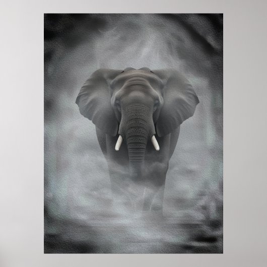 African Elephant in Misty Fog Serene Impasto ポスター (正面)