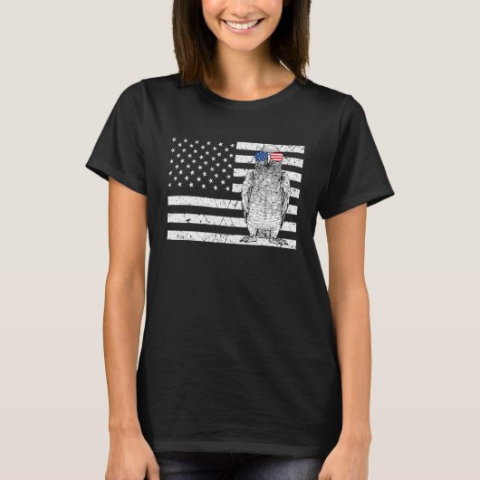 African Grey 4th of July Bird US American Flag Pat Tシャツ (正面)