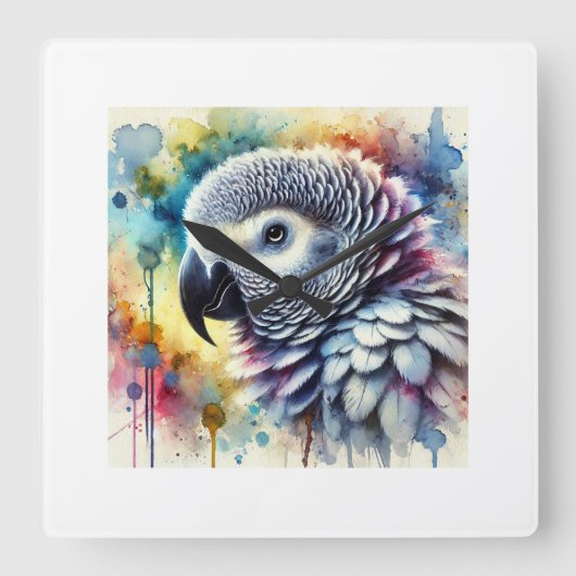 African Grey Parrot Yaco 060824AREF144 - Watercolo スクエア壁時計 (正面)
