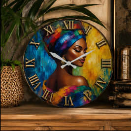 African Heritage Queen Vibrant Tribal Portrait ラージ壁時計