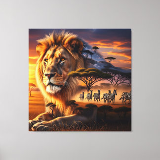 African Lion & Zebra Sunset Canvas Art キャンバスプリント