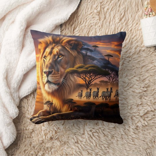 African Lion & Zebra Sunset Giraffe Pillow クッション (ブランケット)