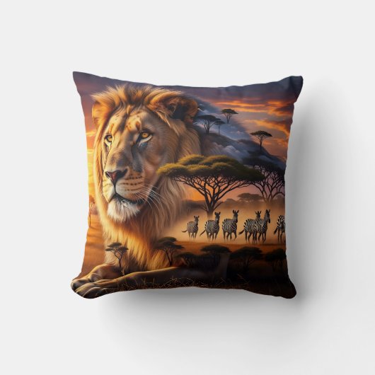 African Lion & Zebra Sunset Giraffe Pillow クッション (正面)