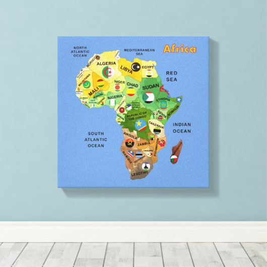African Map with Flags Stretched Canvas Print キャンバスプリント (インサイチュ (ウッドフロア))