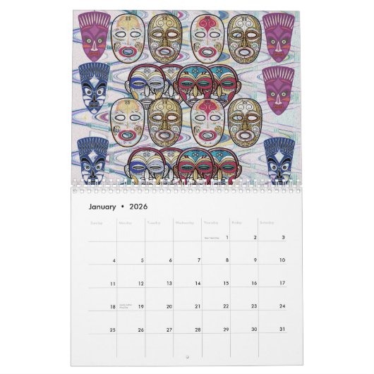 African Masks カレンダー (1月 2026)