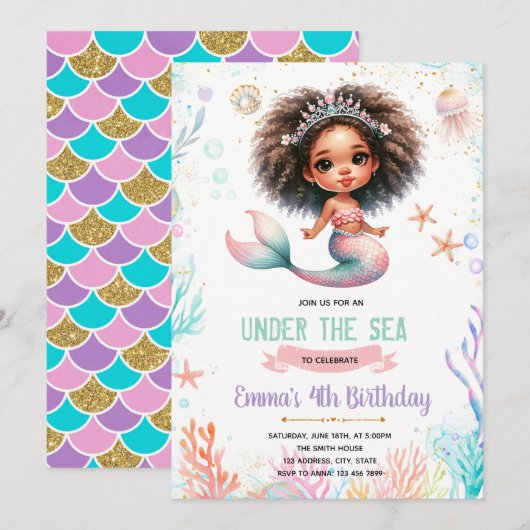 African Mermaid Birthday Invitation 招待状 (正面/裏面)