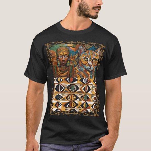 African Queen & Cat Geometric Tribal Art Tee Tシャツ (正面)