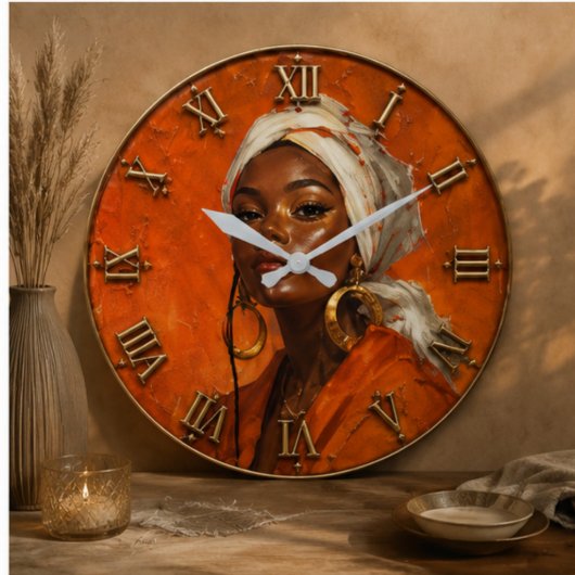 African Queen Vibrant Orange Portrait Art ラージ壁時計
