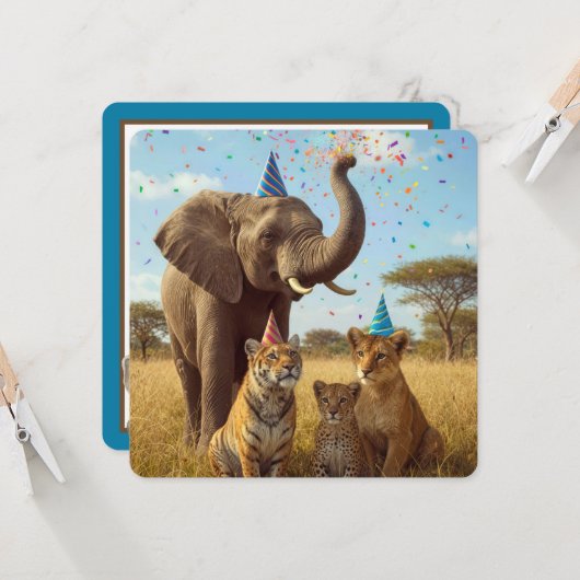 African Safari Part Animals with Hats and Confetti 招待状 (正面/裏面インサイチュ)