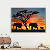 African Safari Sunset Elephant Silhouette Art ポスター