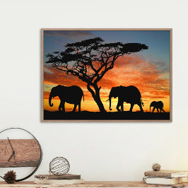 African Safari Sunset Elephant Silhouette Art ポスター