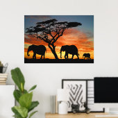 African Safari Sunset Elephant Silhouette Art ポスター (ホームオフィス)