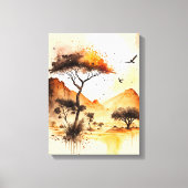 African Safari Sunset Watercolor with Acacia Tree  キャンバスプリント (正面)