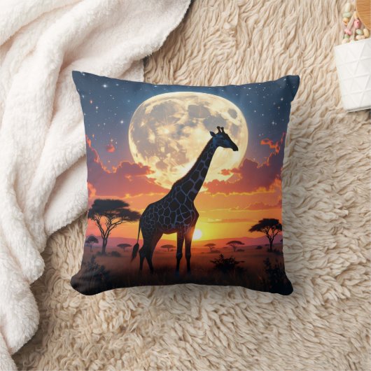 African Sunset Moon Giraffe & African St Mkt Pillo クッション (ブランケット)