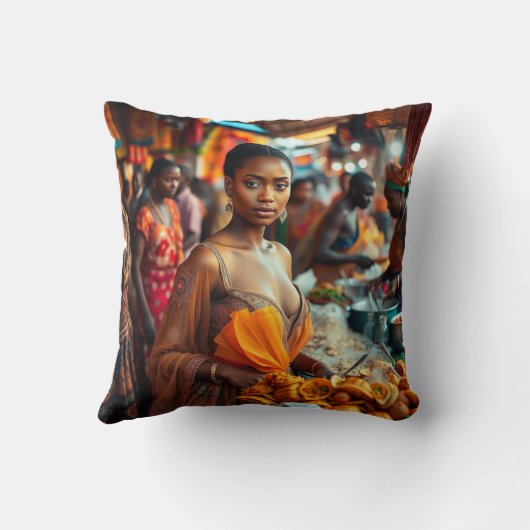 African Sunset Moon Giraffe & African St Mkt Pillo クッション (裏面)