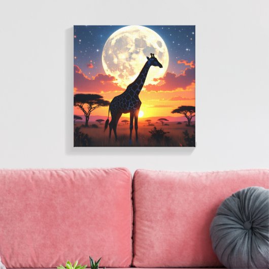 African Sunset Moon Giraffe Canvas キャンバスプリント (インサイチュ (リビング))