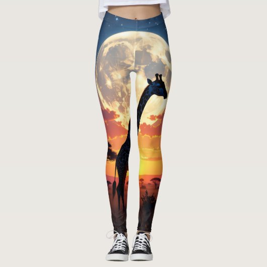 African Sunset Moon Giraffe Leggings | Tights レギンス (正面)